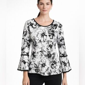 Yoana Baraschi Black White Floral Textured Top Bell Sleeves S/M Office Elegant